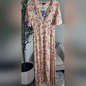 Skies are Blue Floral Maxi Button Down Dress flared Short Ruffled Sleeves XS